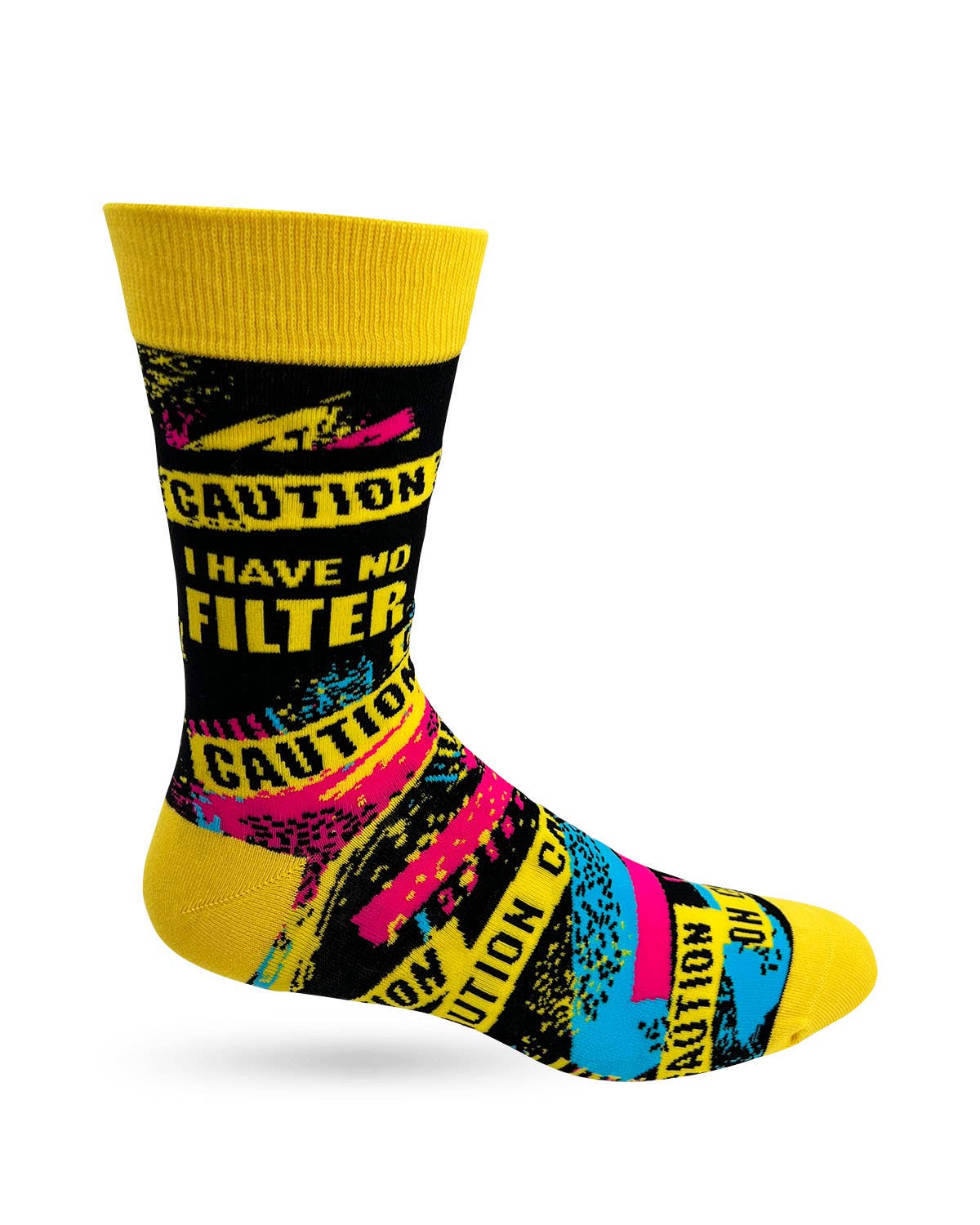 Colorful sock with 'Caution: I have no filter' text on a white background