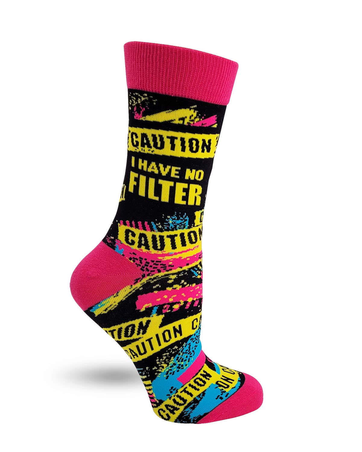 Colorful sock with 'Caution' text on a white background