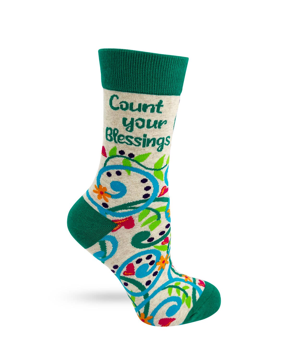 Colorful sock with floral patterns and 'Count your Blessings' text on a white background