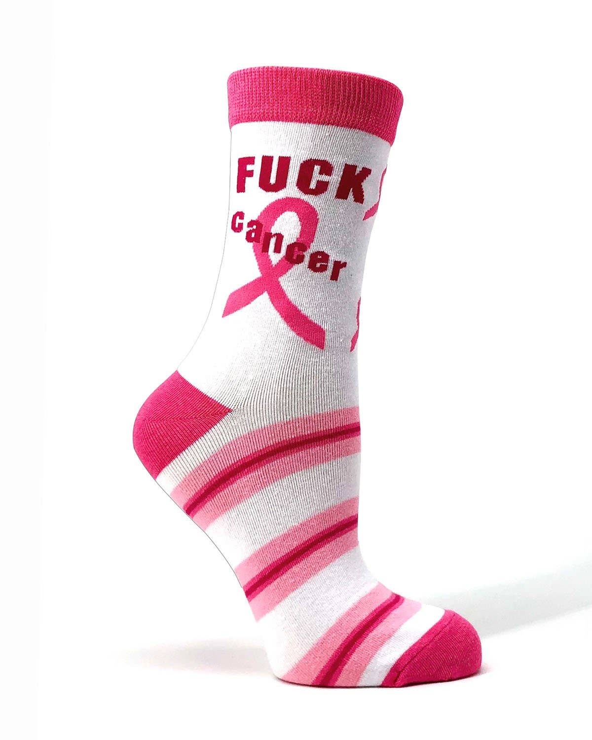 Pink and white striped sock with 'F*** Cancer' text and pink ribbon on a white background