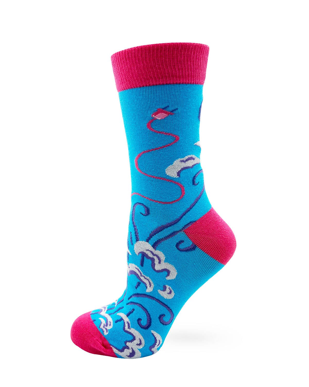Blue sock with pink accents and flamingo design on a white background