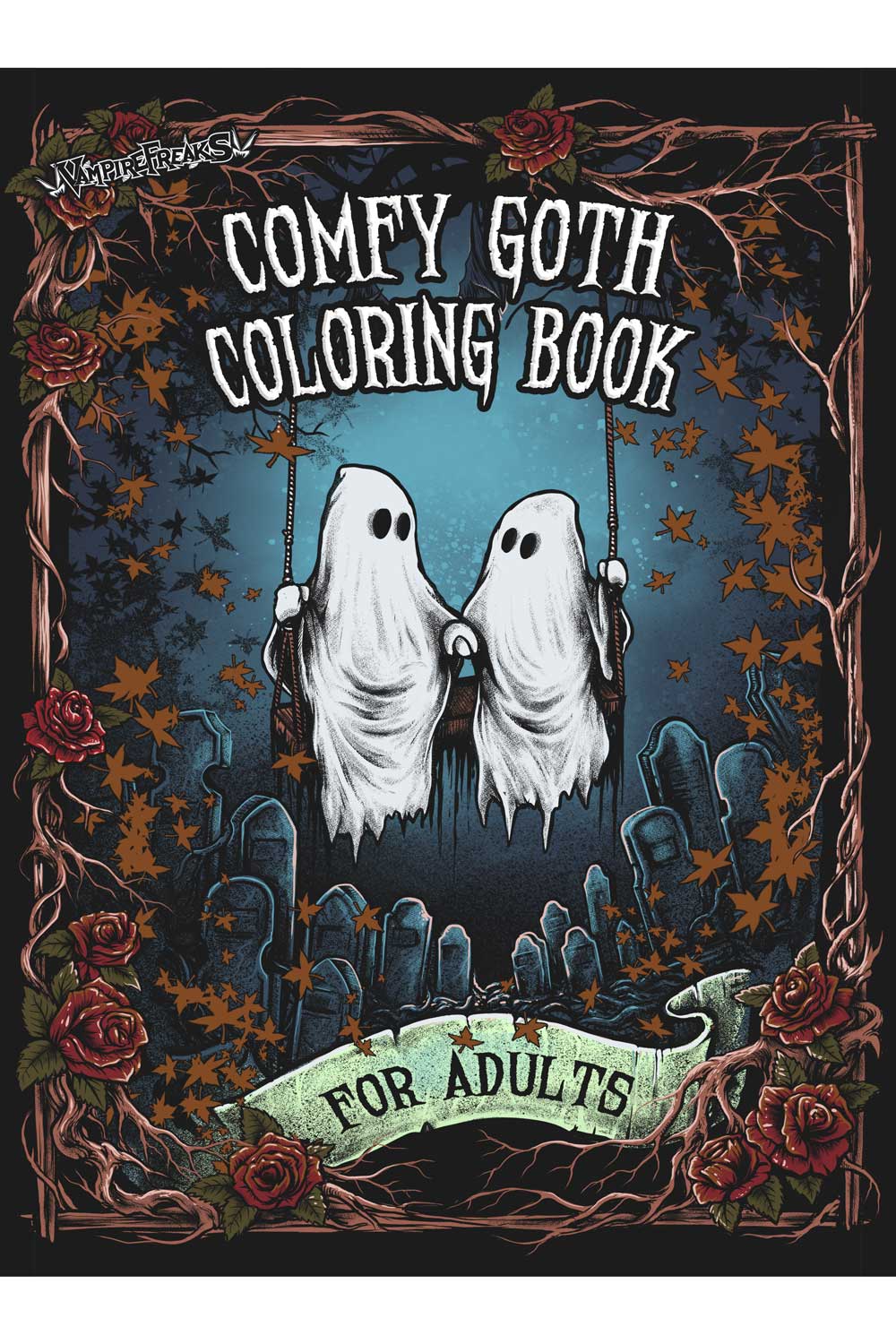 Cover of the 'Comfy Goth Coloring Book' featuring two ghosts hanging from swings in a graveyard, surrounded by roses and autumn leaves, with the text 'FOR ADULTS' on a banner at the bottom.