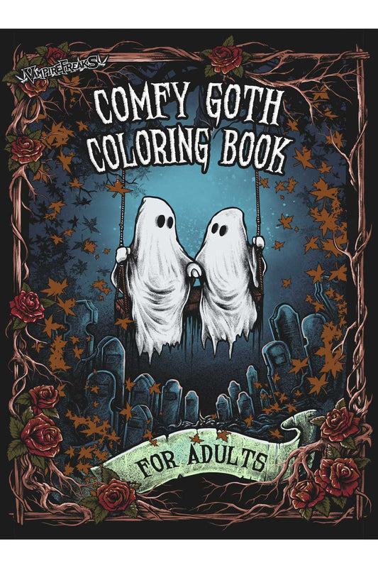 Cover of the 'Comfy Goth Coloring Book' featuring two ghosts hanging from swings in a graveyard, surrounded by roses and autumn leaves, with the text 'FOR ADULTS' on a banner at the bottom.