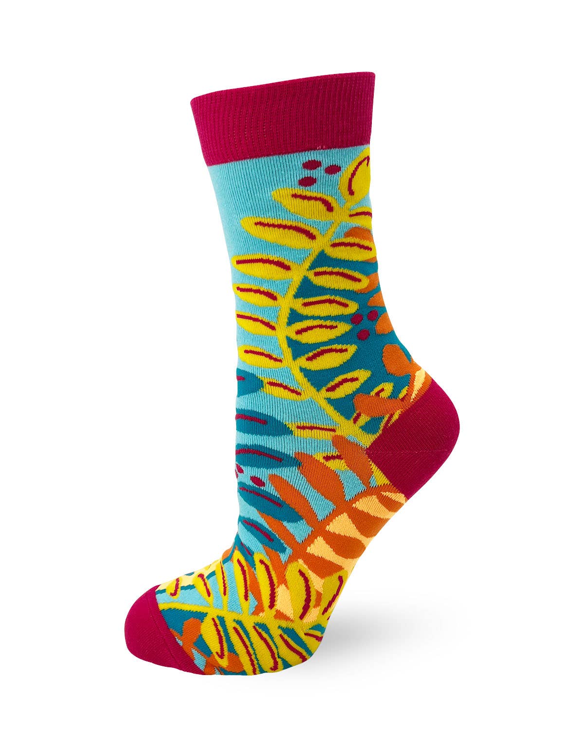Colorful sock with leaf pattern on a white background