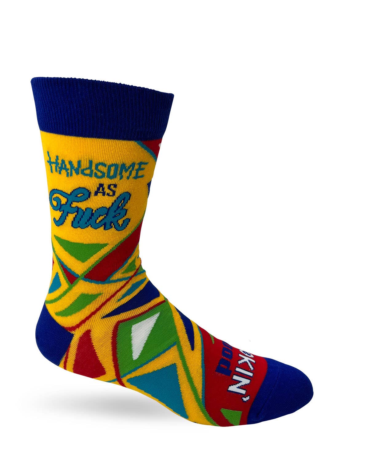 Colorful sock with text and patterns on a white background