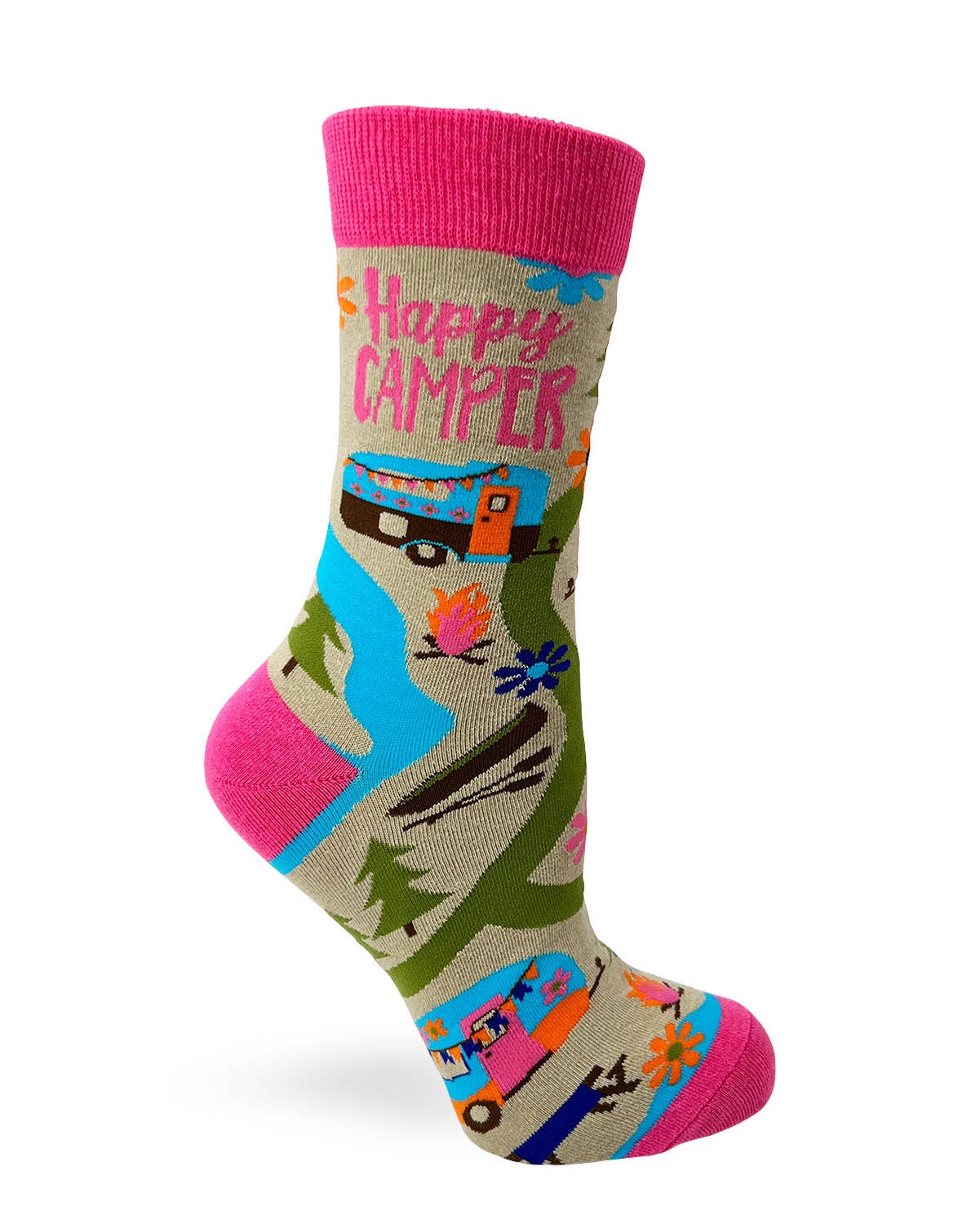 Colorful sock with 'Happy Camper' text and camping-themed design on a white background