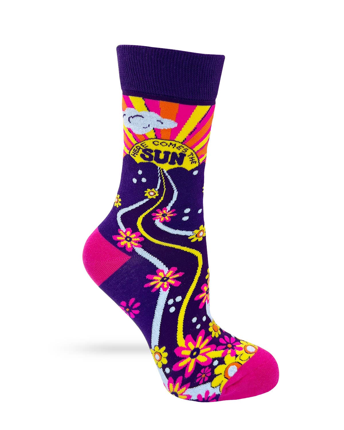 Colorful sock with floral design and text on a white background