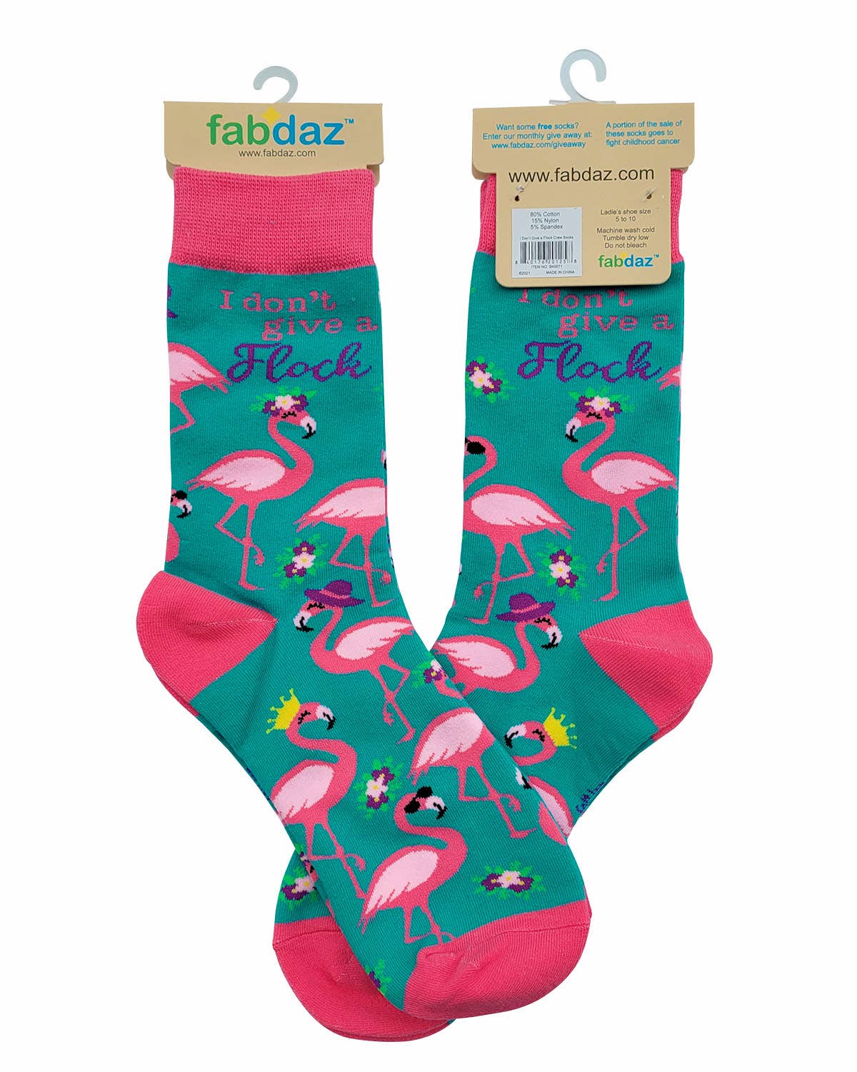 Pair of socks with flamingo design and 'I don't give a flock' text, on a white background.