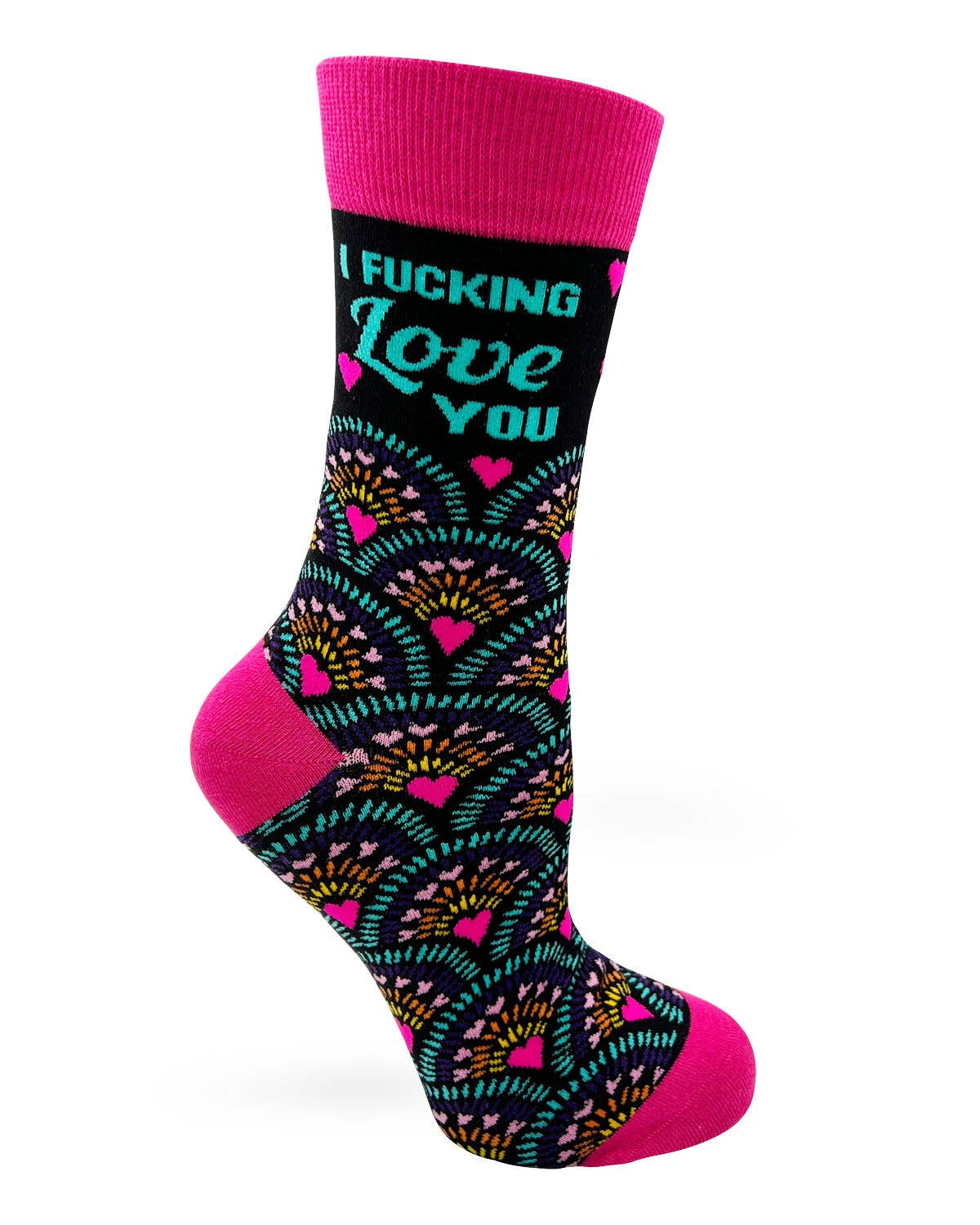Sock with 'I Fucking Love You' text and colorful patterns on a white background