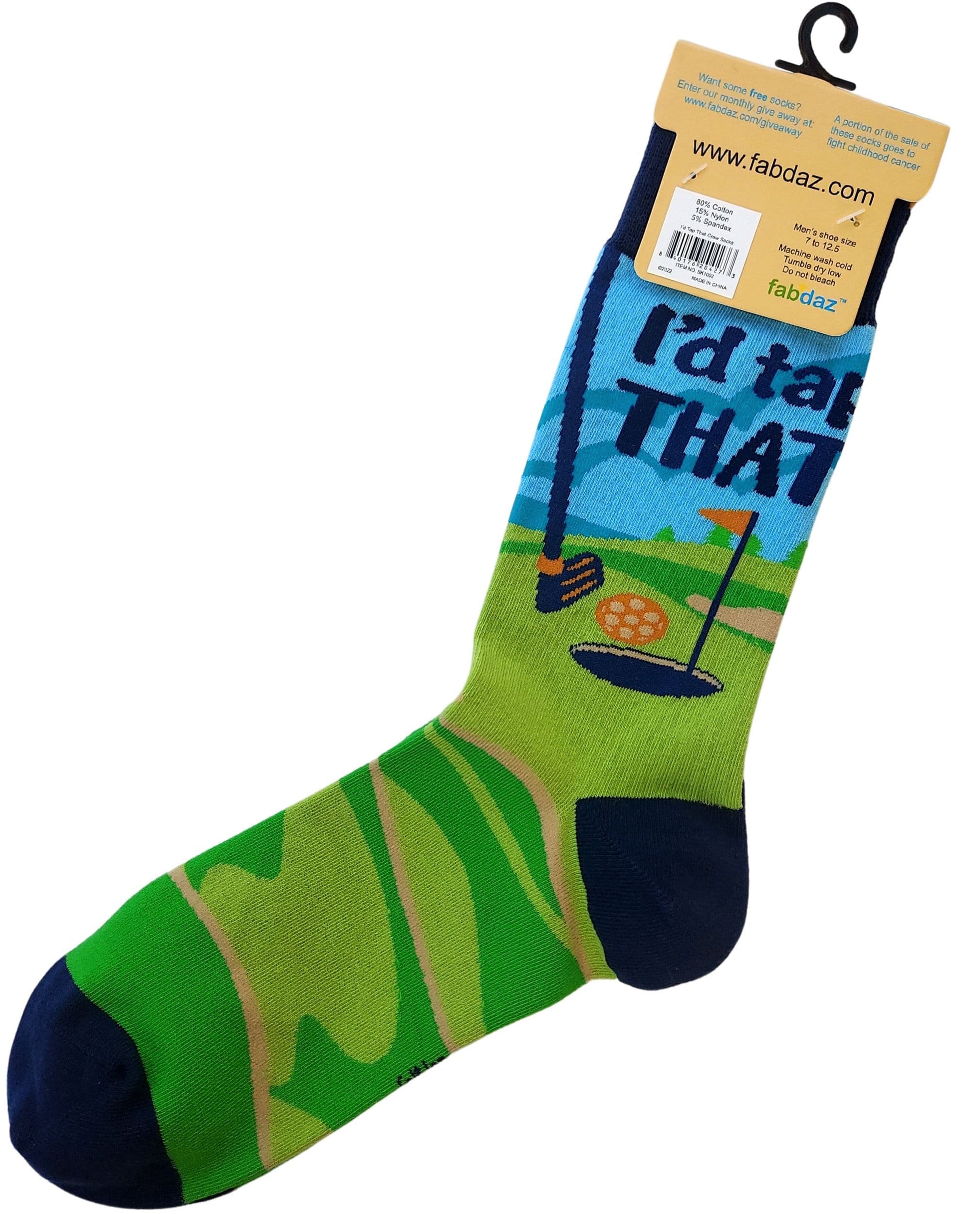 Colorful sock with golf design and 'I'd take THAT' text, on a white background