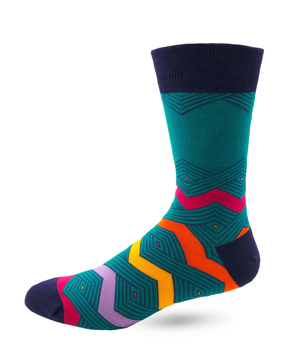 Colorful sock with geometric pattern on a white background