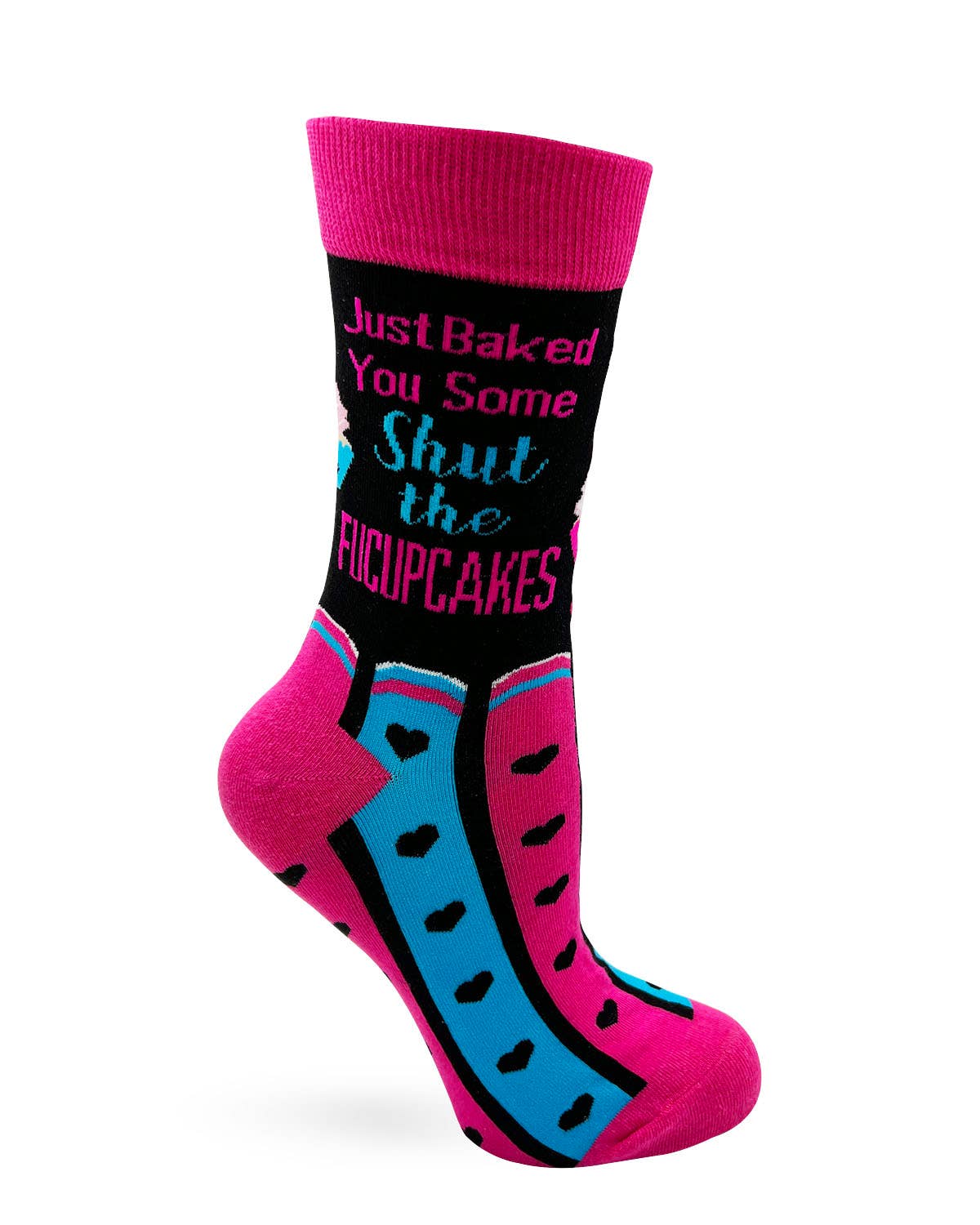 Pink and black socks with humorous text design on a white background