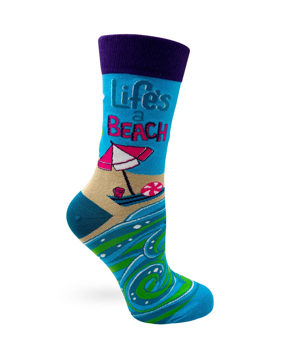 Colorful sock with beach scene design and 'Life's a Beach' text on a white background