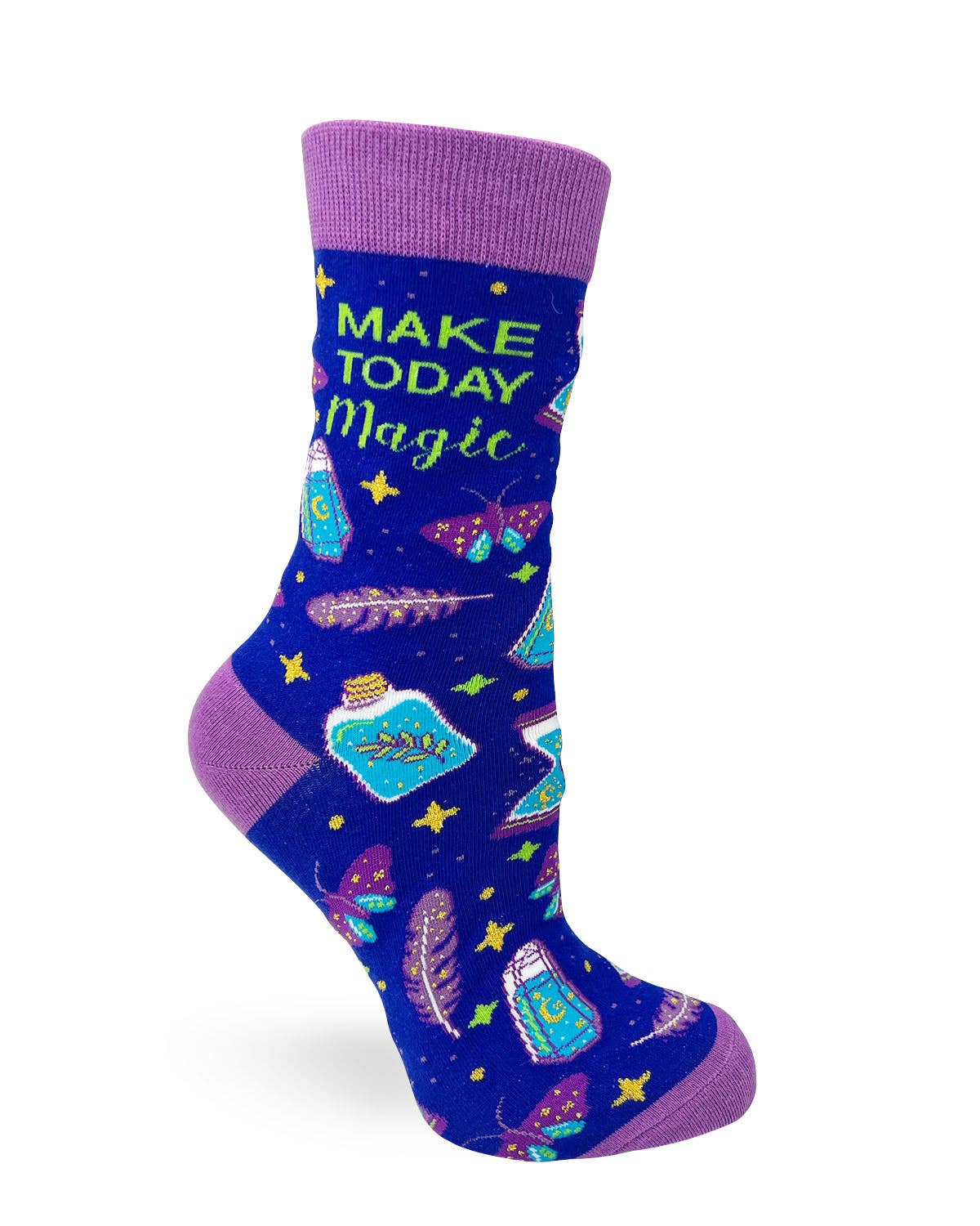 Colorful sock with 'Make Today Magic' text and fairy-themed design on a white background