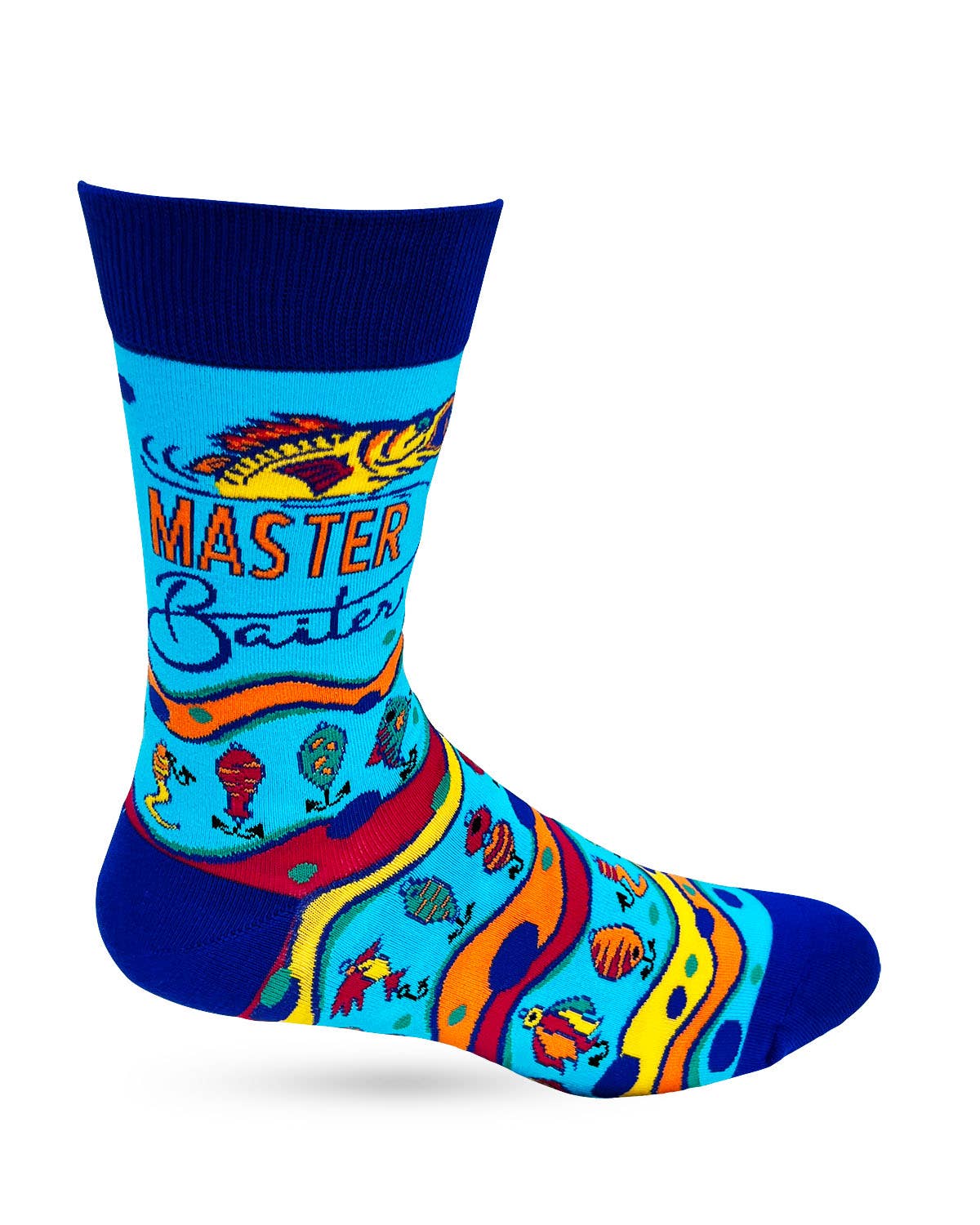 Colorful sock with 'Master Baiter' text on a white background