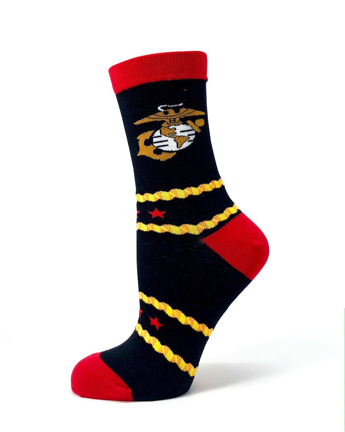 Navy sock with red accents and a logo on a white background