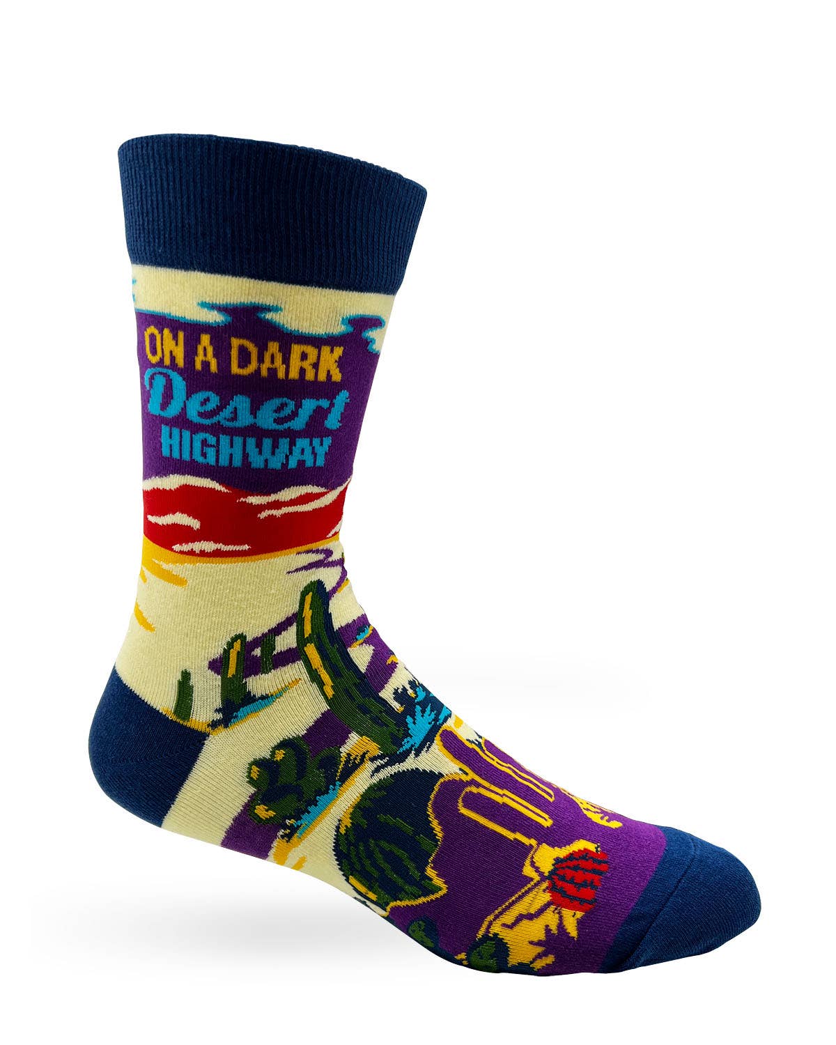 Colorful sock with desert-themed design and text on a white background