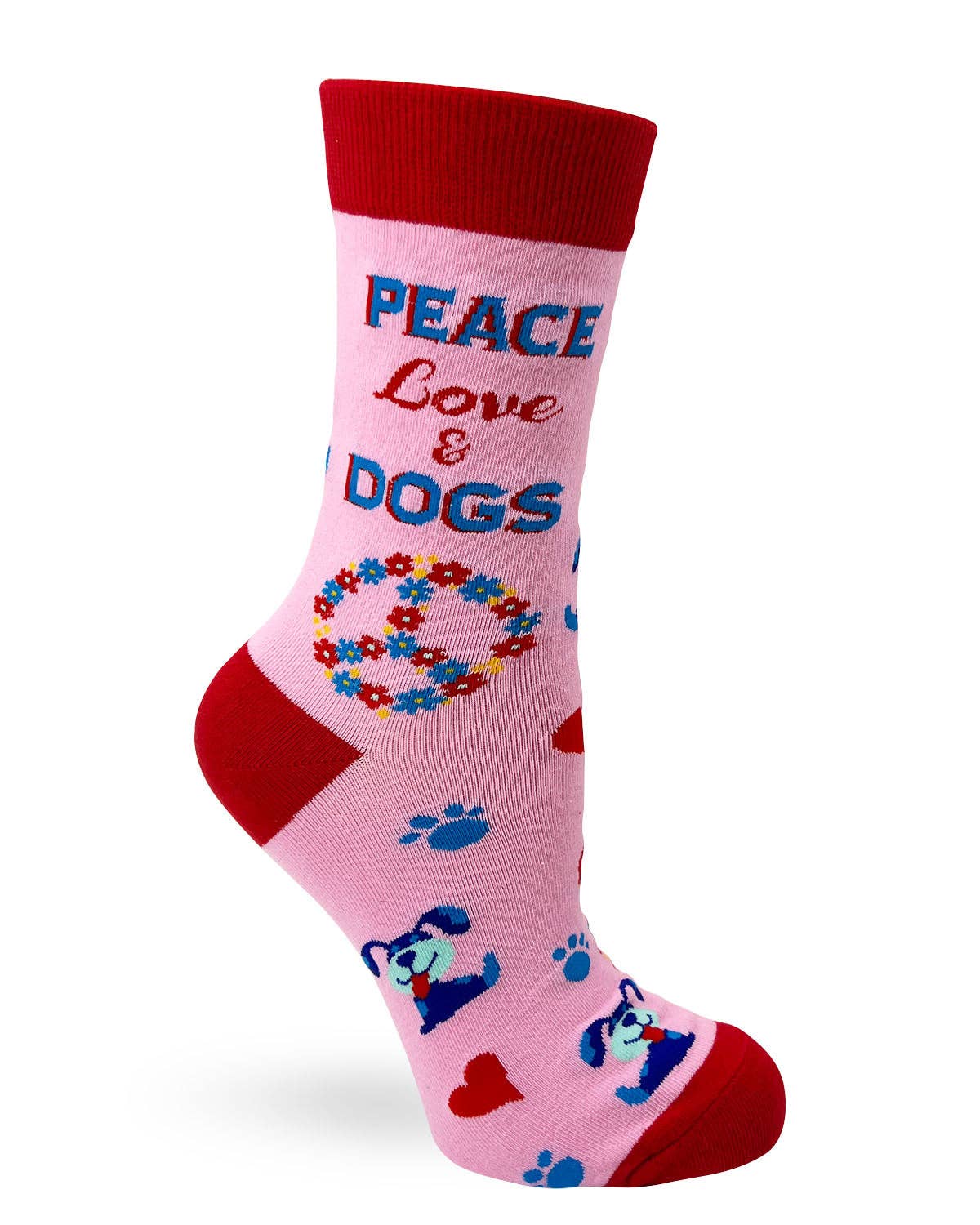 Pink sock with 'Peace Love & Dogs' text and dog illustrations on a white background