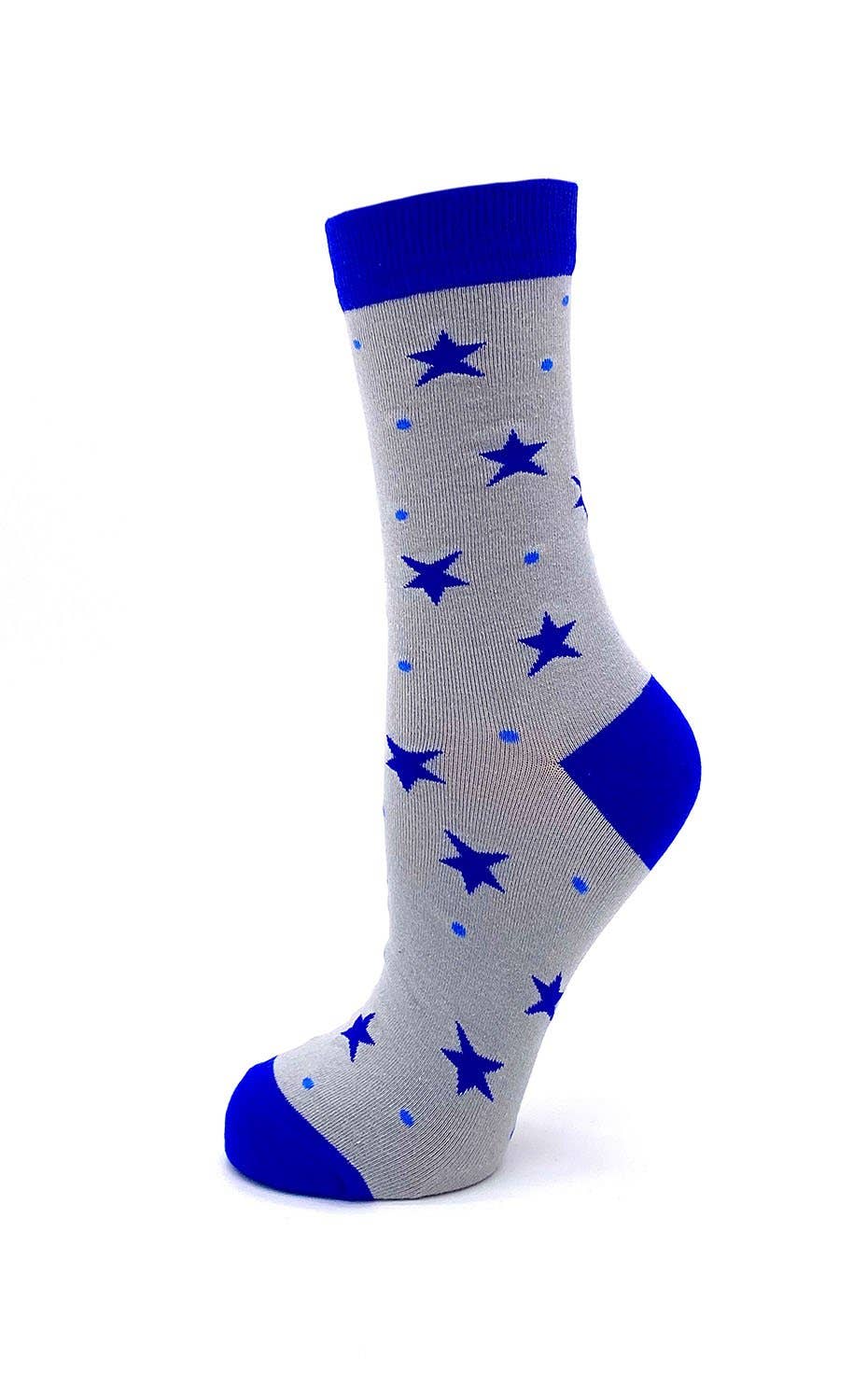 Gray sock with blue star pattern on a white background