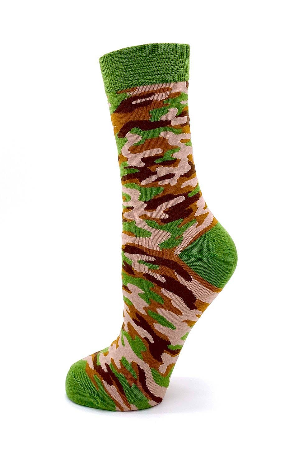 Camouflage-patterned sock on a white background