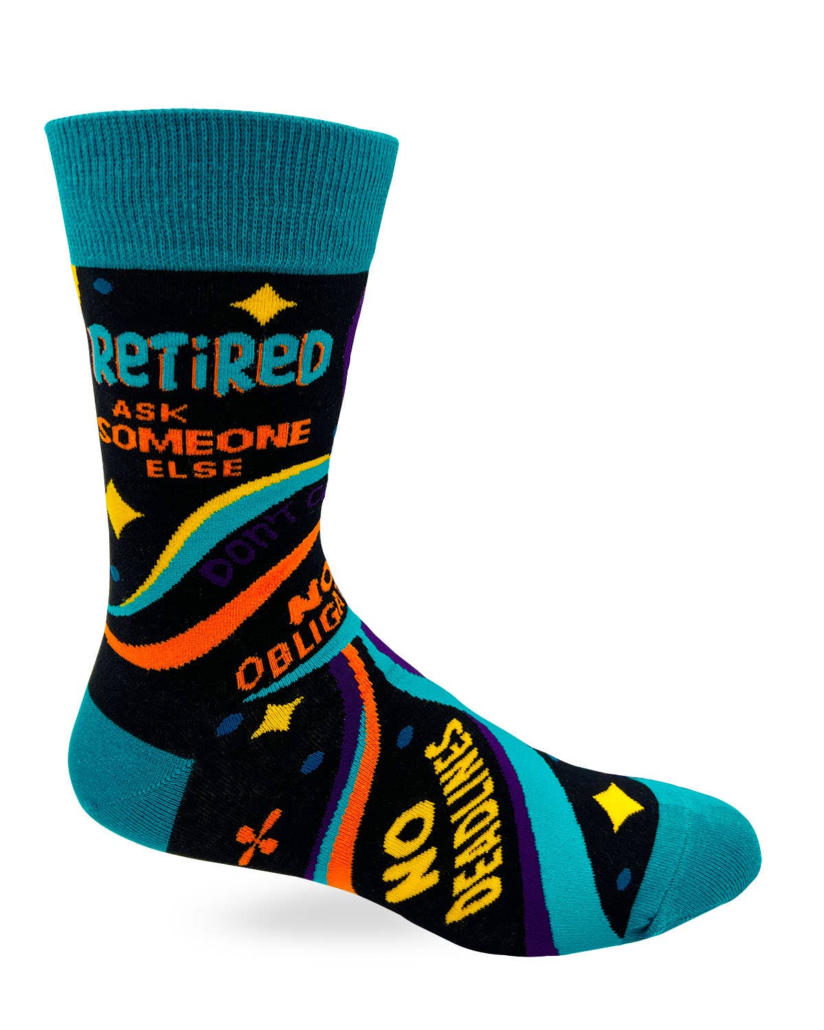 Colorful sock with text and patterns on a white background