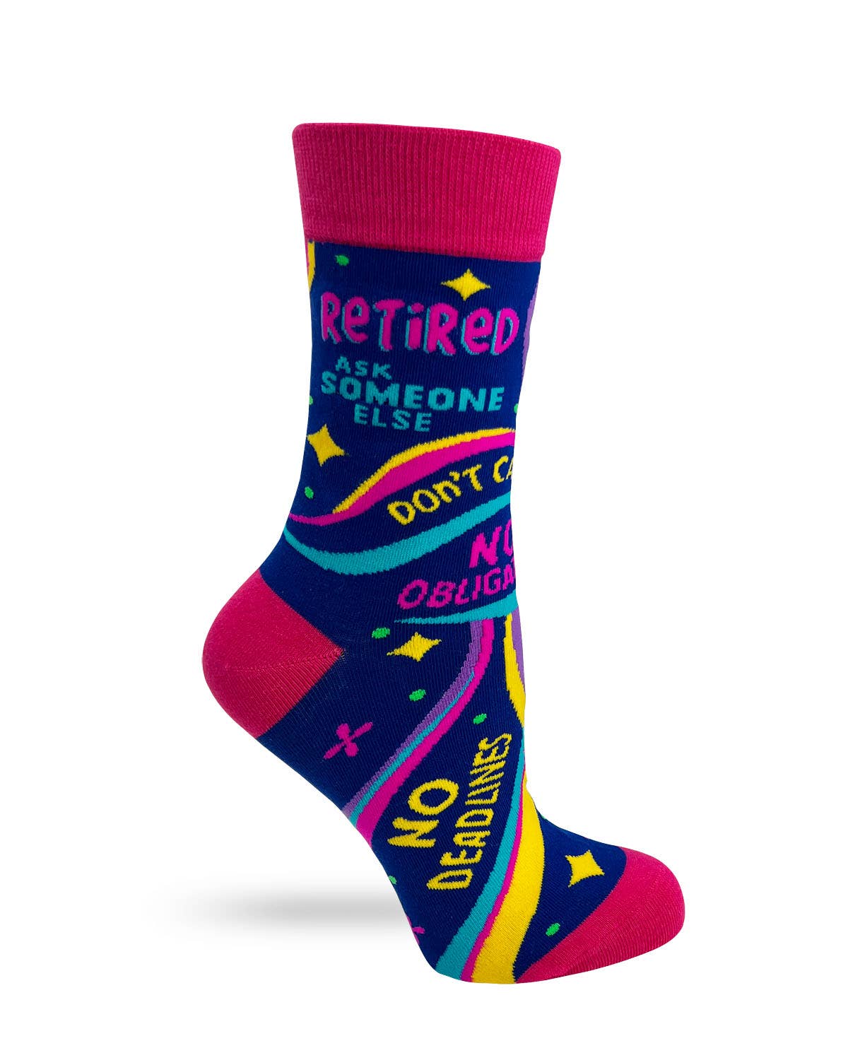 Colorful sock with humorous text on a white background