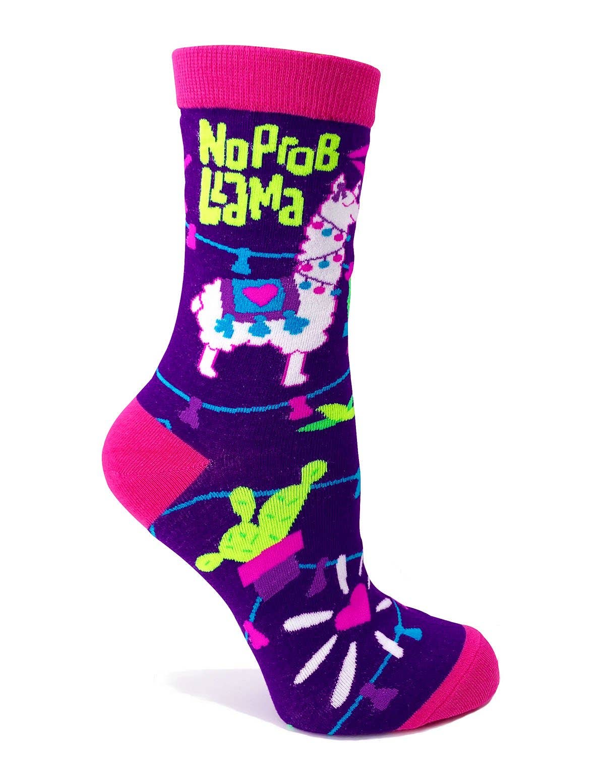 Colorful sock with 'No Prob Llama' text and llama design on a white background