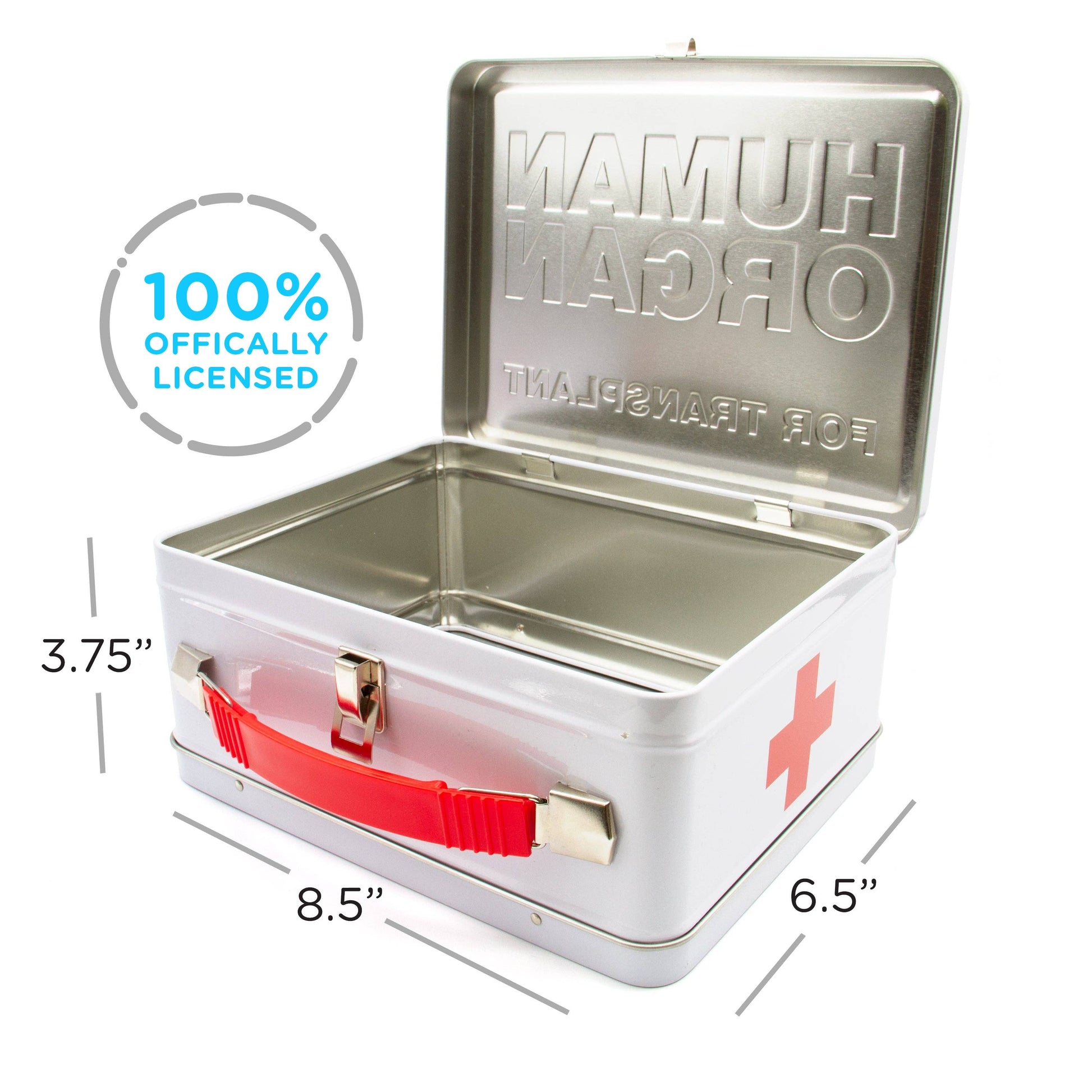 Metal first aid kit with red handle and cross emblem, dimensions shown, '100% Officially Licensed' badge.