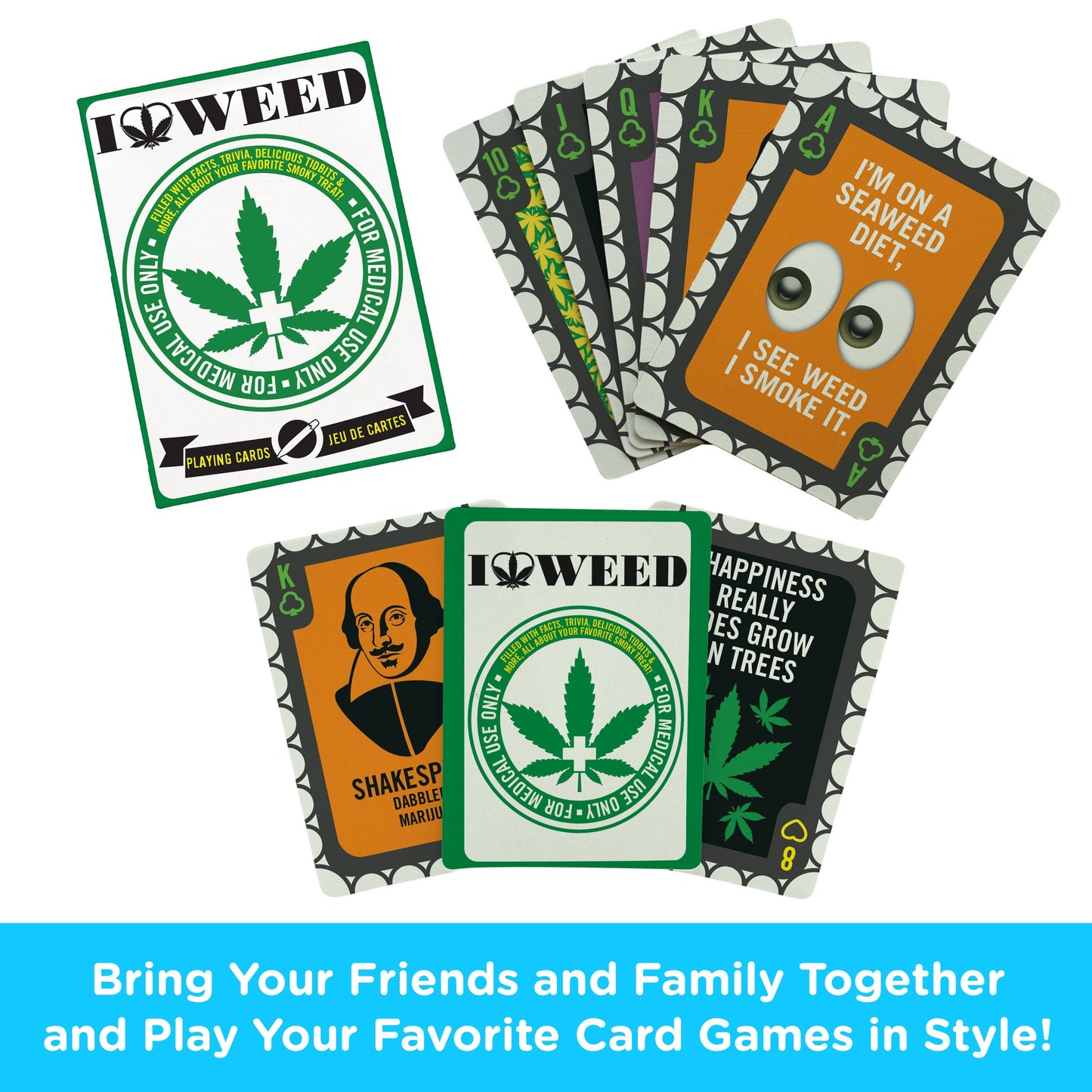 Set of playing cards with marijuana-themed designs on a white background.