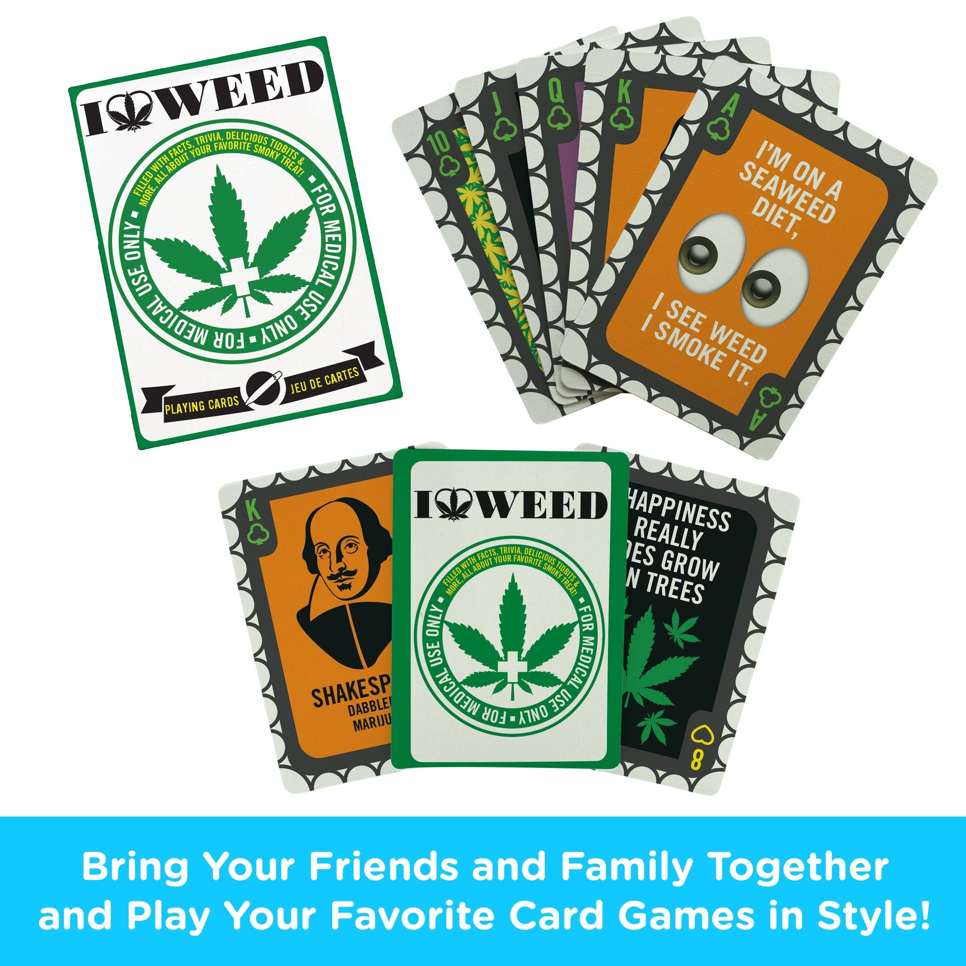Set of playing cards with marijuana-themed designs on a white background.