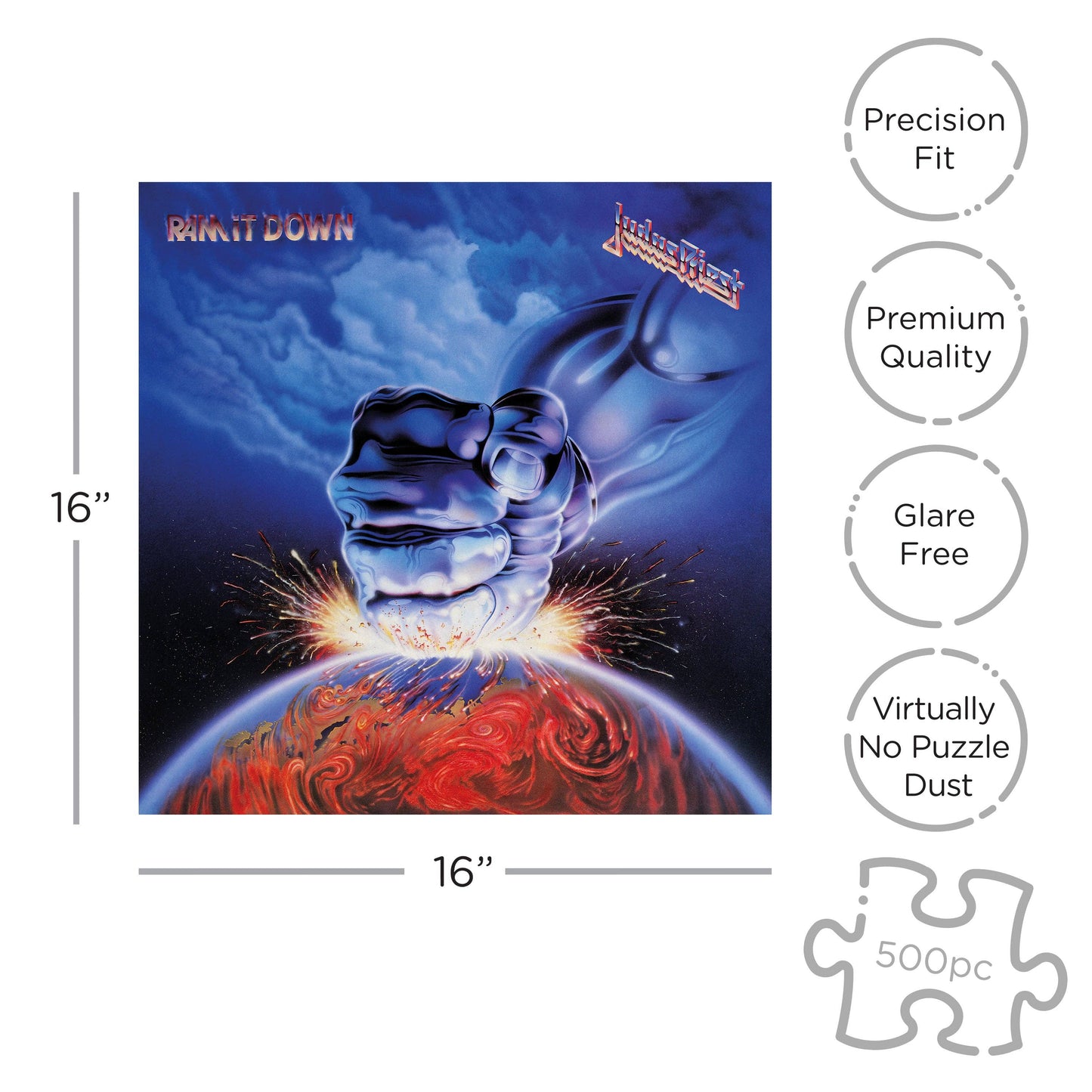 Judas Priest album cover with a fist smashing through the Earth, dimensions 16x16 inches, 500 piece puzzle.