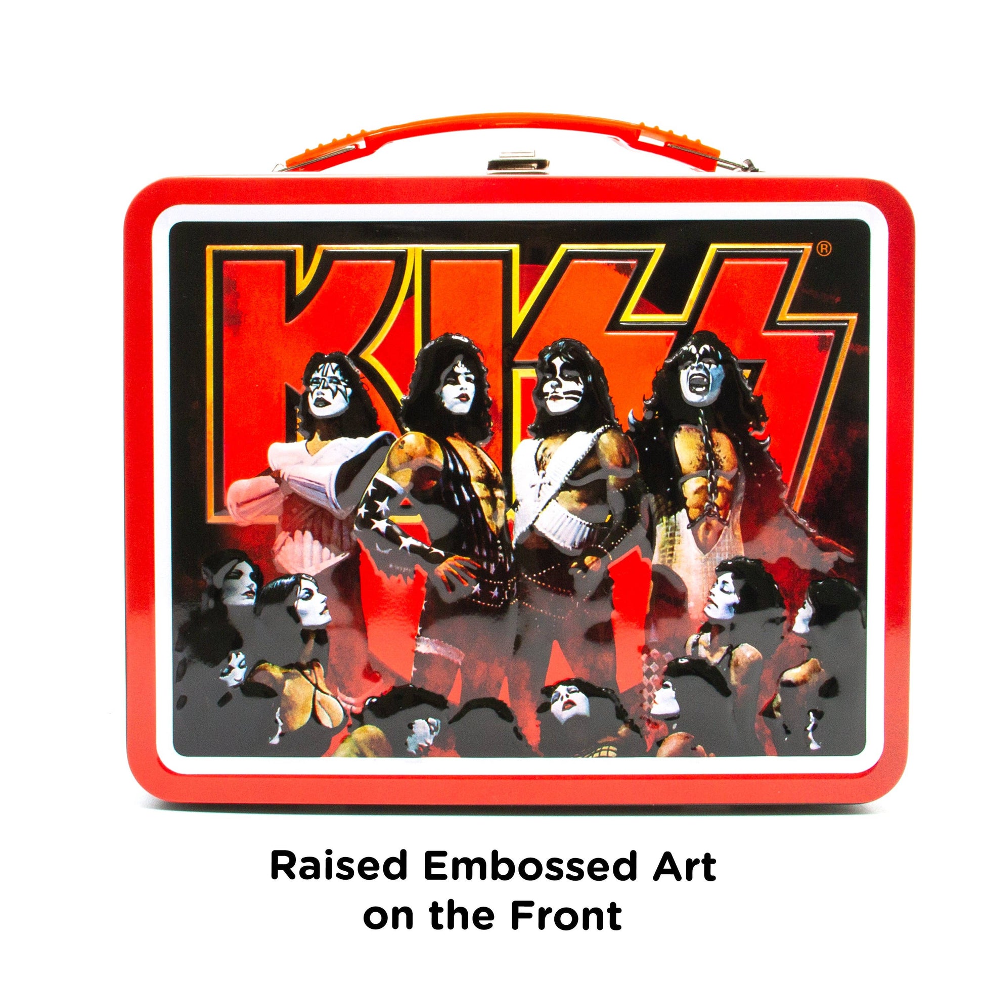 KISS-themed lunch box with embossed art of band members on a white background