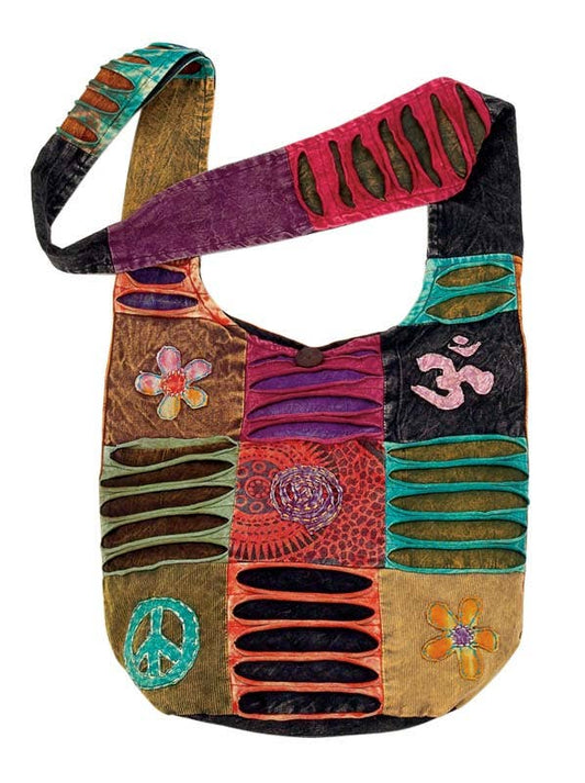 Colorful handbag with patterns and designs on a white background