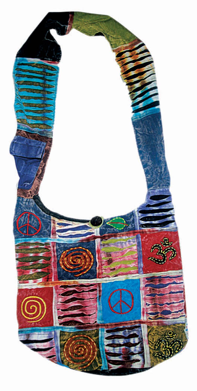 Colorful patchwork bag with patterns and symbols on a white background