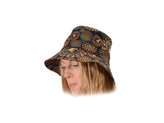 Person wearing a patterned bucket hat on a white background