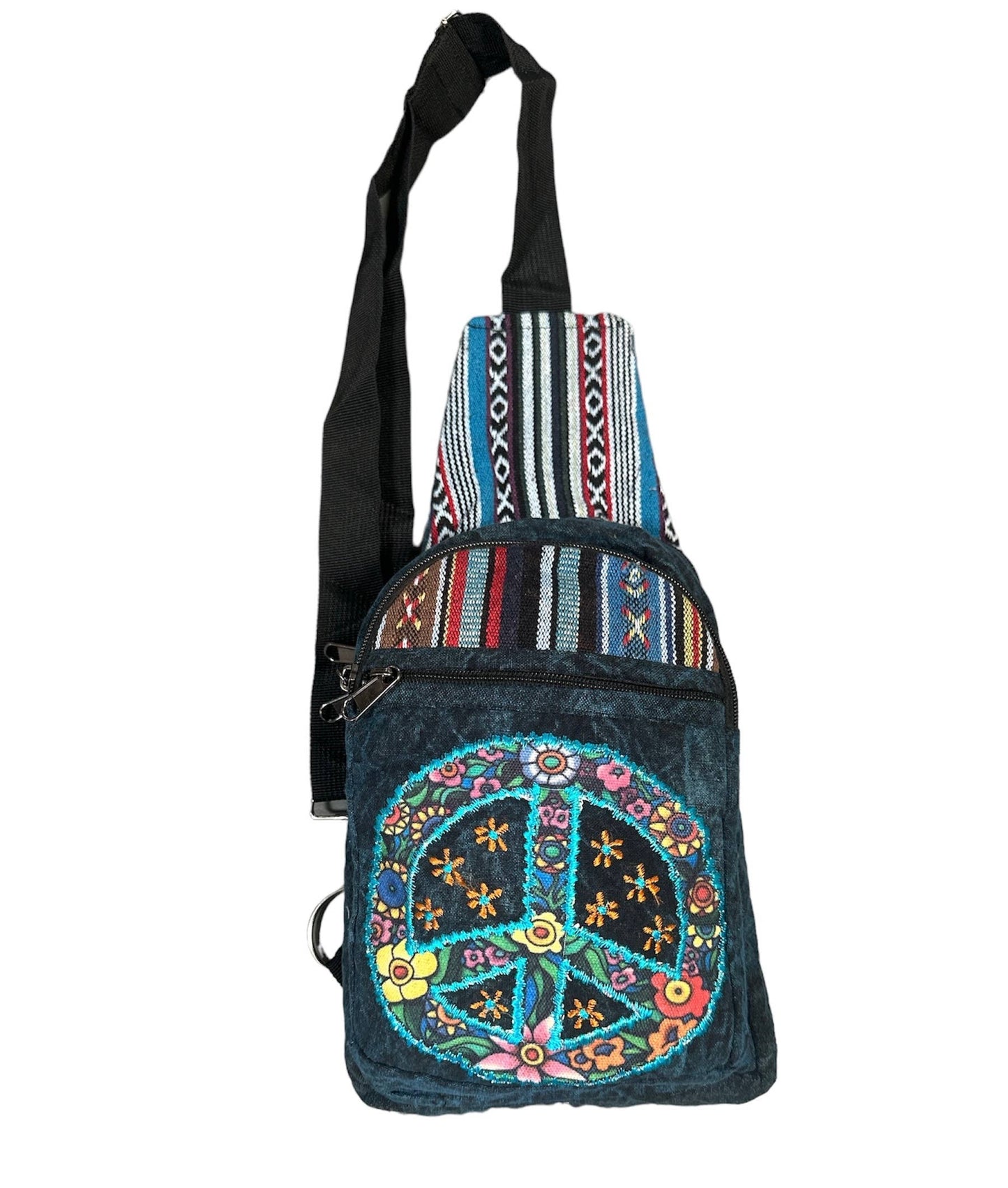 Denim crossbody bag with peace symbol design and colorful patterns on a white background