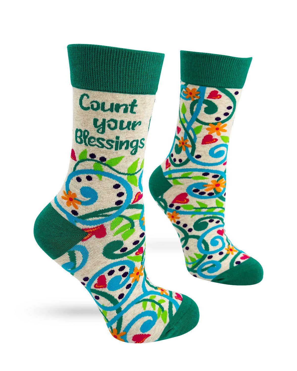 Colorful socks with floral patterns and text 'Count your Blessings' on a white background