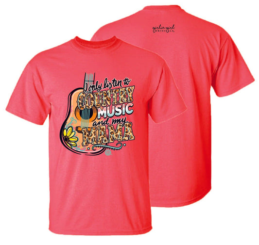 Red t-shirt with country music and mama graphic on a white background