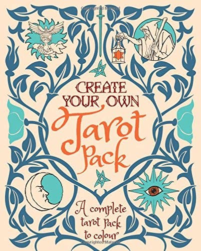 Book cover of 'Create Your Own Tarot Pack' with decorative elements and text.