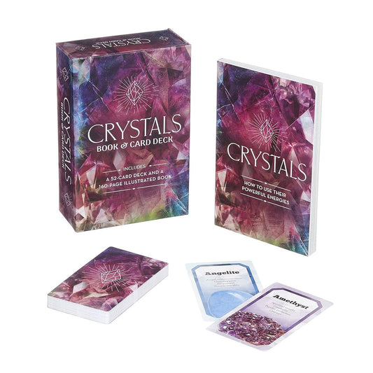 Crystals book and card deck set with colorful packaging and cards on a white background