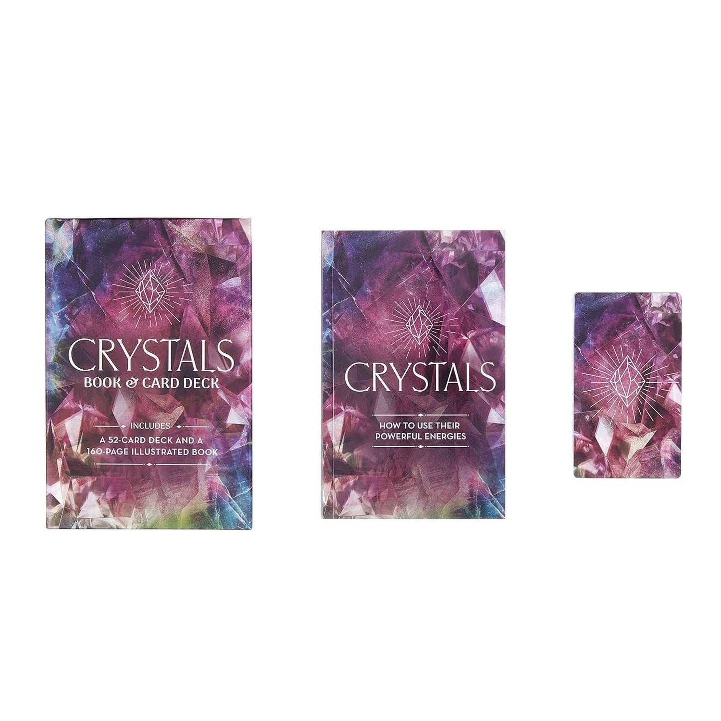 Two books titled 'Crystals' with a card deck on a white background