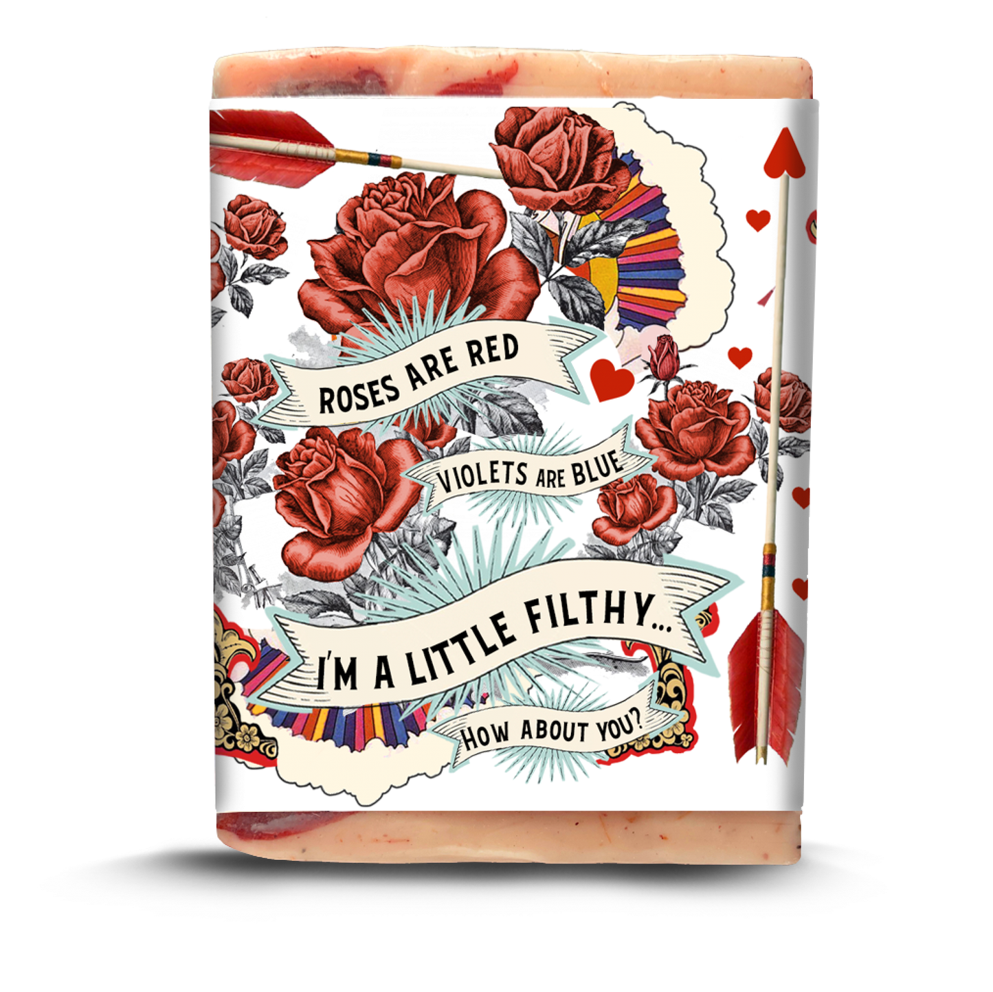Soap bar with floral design and text on a white background