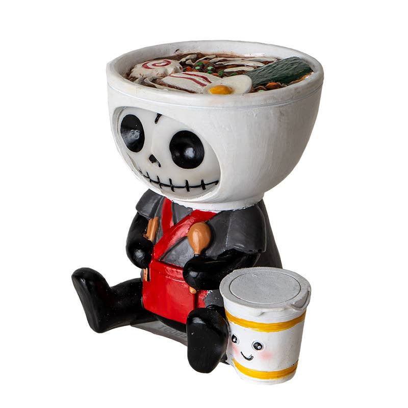 Skeleton character with a bowl of ice cream and a cup on a white background