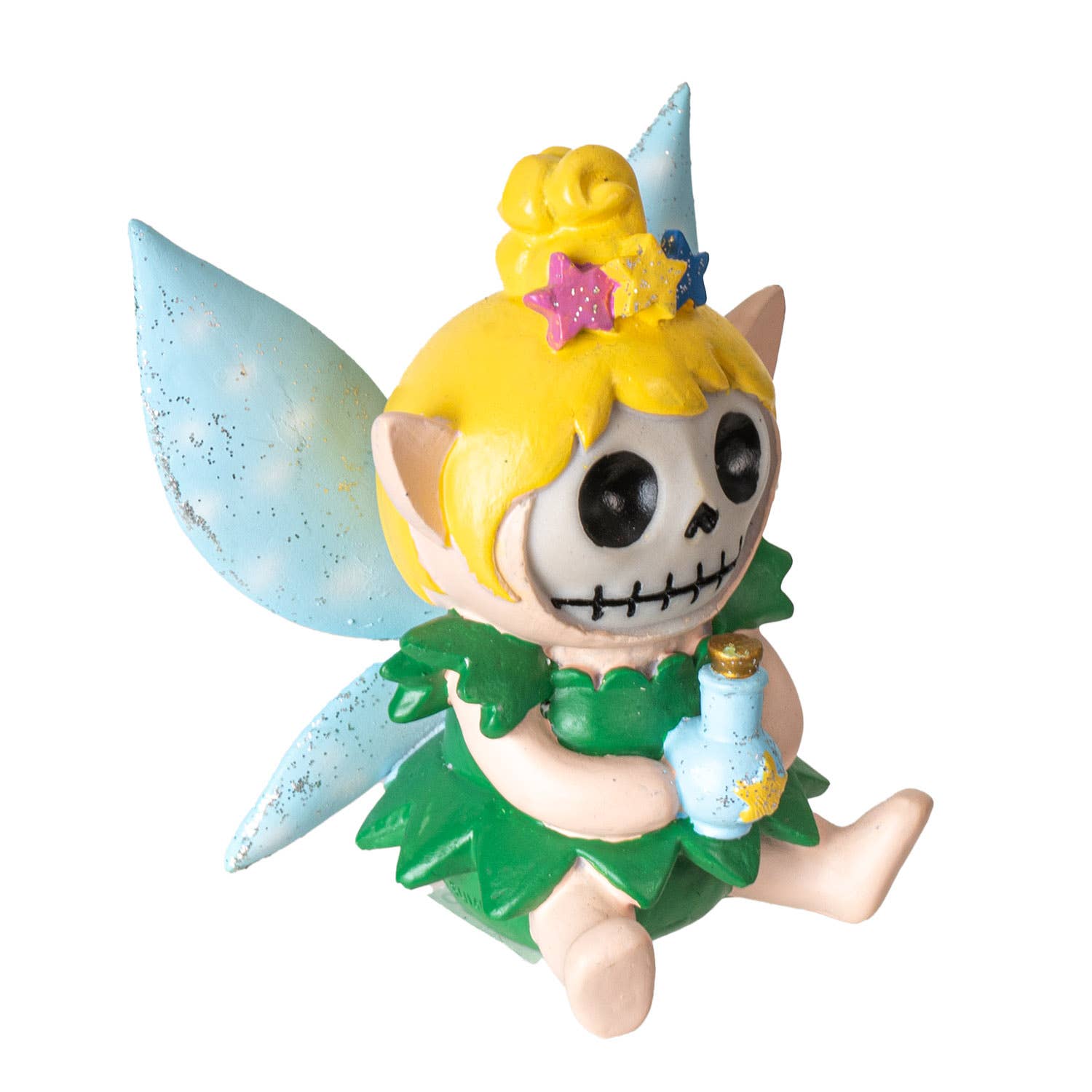 Toy figure of a skeleton fairy Furrybones Tinker with a green dress and blue wings on a white background
