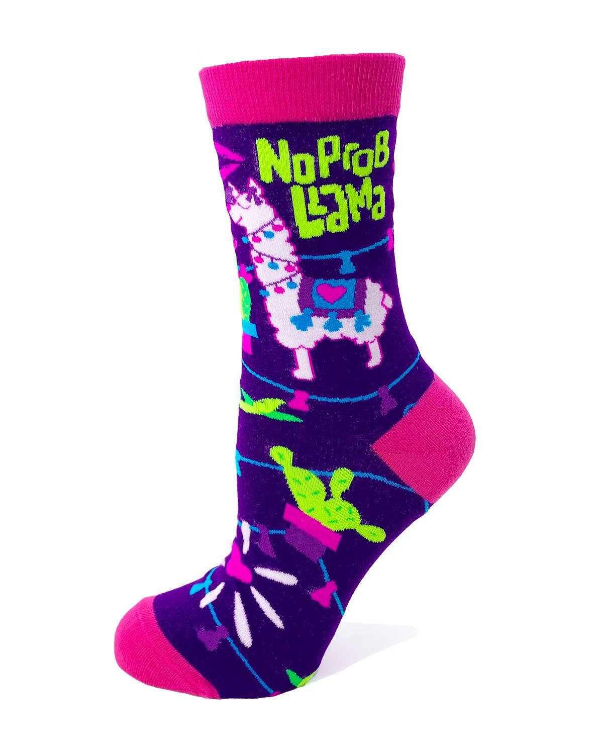 Colorful sock with llama design and 'No Prob Llama' text on a white background