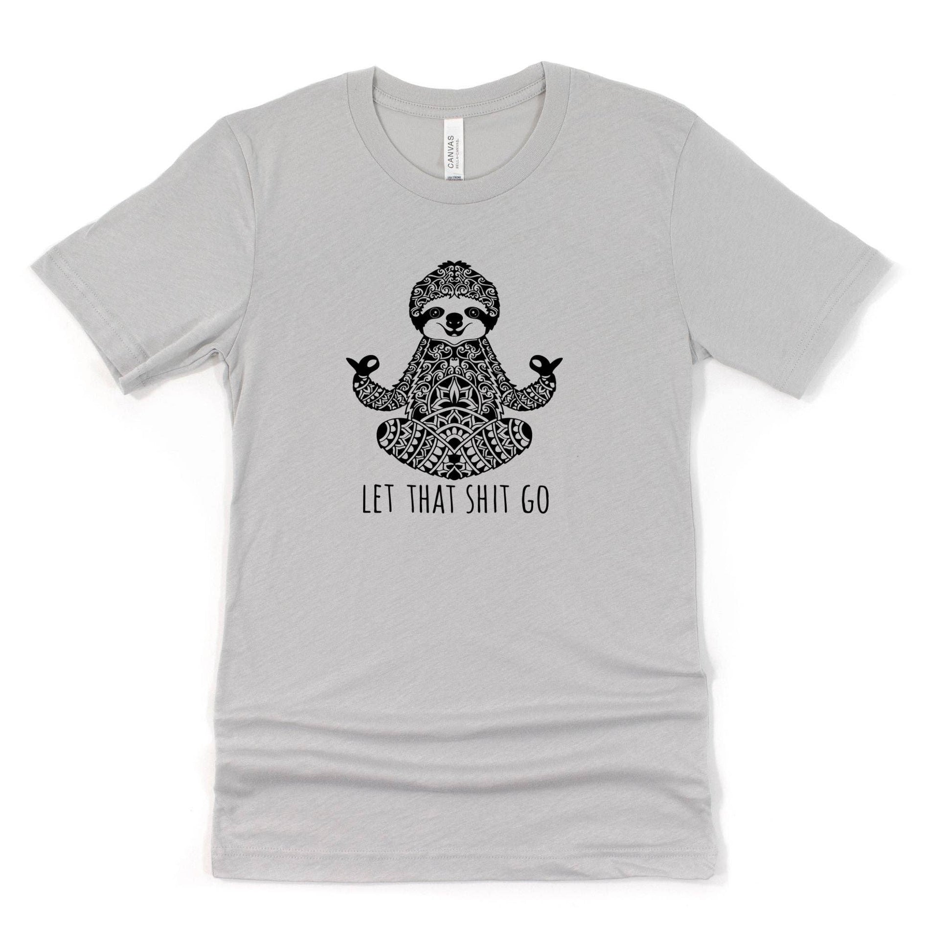 Gray t-shirt with a meditating sloth graphic and text on a white background