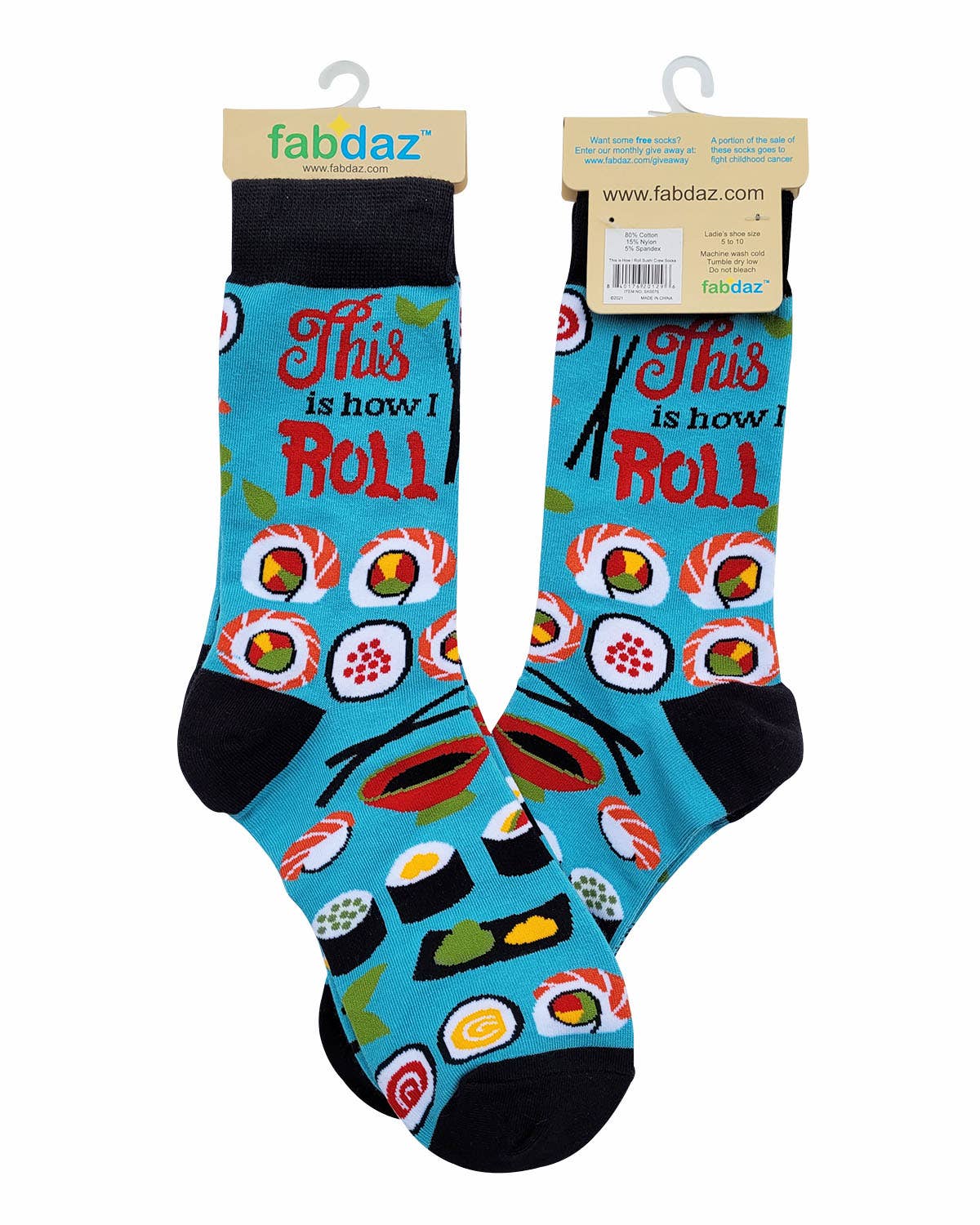 Socks with sushi design and text 'This is how I roll' on a white background, branded with fabdaz.