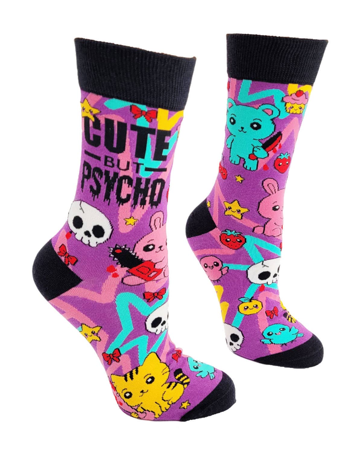 Colorful socks with cartoon characters and text on a white background