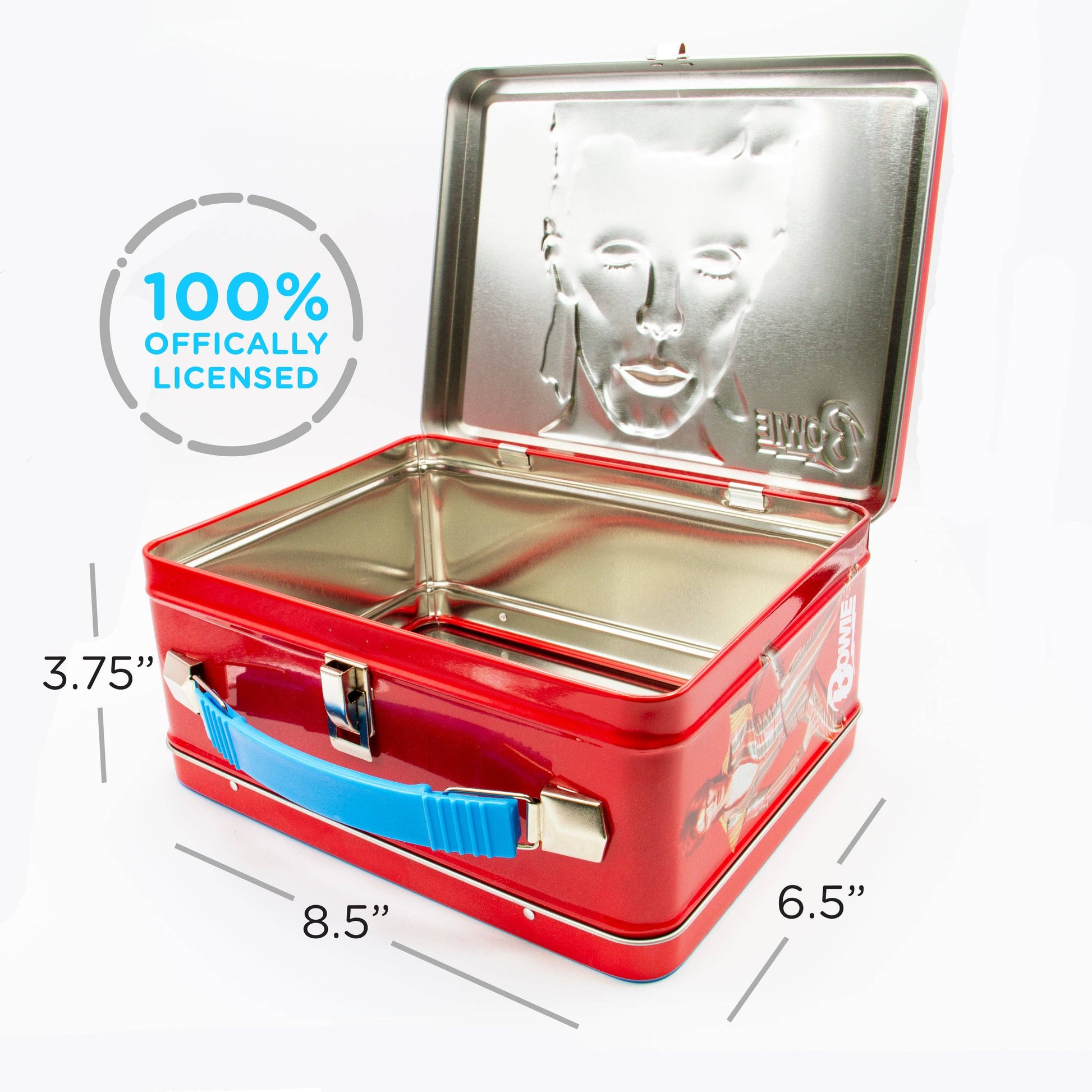 Red metal lunch box with blue handle and dimensions on a white background