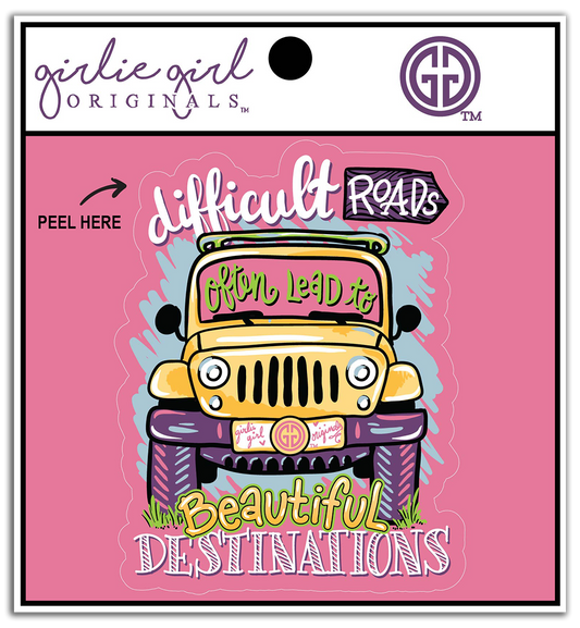 Sticker with a yellow jeep graphic and text on a pink background, featuring 'Girlie Girl Originals' branding.